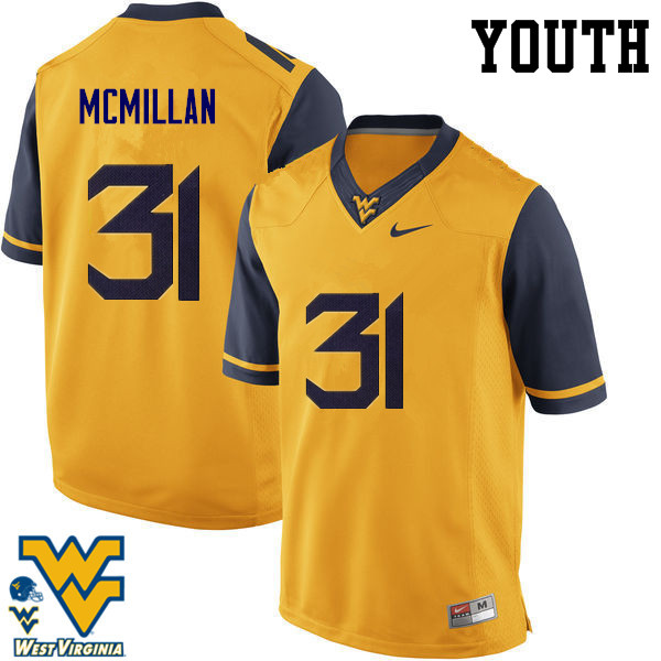 Youth #31 Jawaun McMillan West Virginia Mountaineers College Football Jerseys-Gold